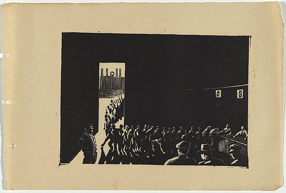 Artist: b'UNKNOWN, WORKER ARTISTS, SYDNEY, NSW' | Title: b'Not titled (lining up for work).' | Date: 1933 | Technique: b'linocut, printed in black ink, from one block'