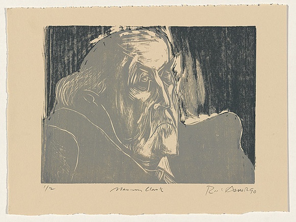Artist: b'AMOR, Rick' | Title: b'Manning Clark.' | Date: 1990 | Technique: b'woodcut, printed in colour, from two blocks'