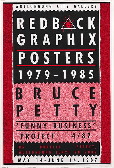 Title: b'Redback Graphix exhibition 1' | Date: 1987 | Technique: b'screenprint, printed in red and black ink, from two stencils'