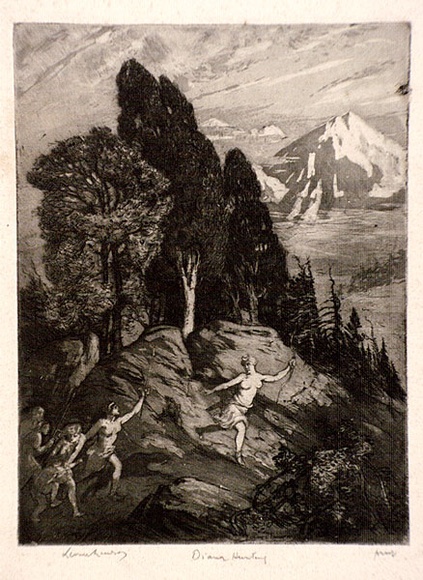 Artist: b'LINDSAY, Lionel' | Title: b'Diana hunting' | Date: 1918-09 | Technique: b'aquatint and etching, printed in black ink with plate-tone, from one plate' | Copyright: b'Courtesy of the National Library of Australia'