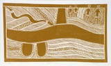 Artist: Marika, Banduk. | Title: Wawulak Wulay | Date: 1986 | Technique: linocut, printed in ochre ink, from one block