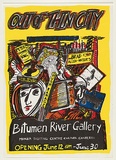 Artist: b'MERD INTERNATIONAL' | Title: b'4 Sydney artists - out of thin city - Bitumen River Gallery' | Date: 1985 | Technique: b'screenprint, printed in colour, from four stencils' | Copyright: b'\xc2\xa9 Hugh Ramage'