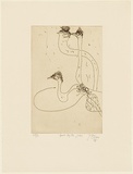 Artist: b'Olsen, John.' | Title: b'Emus by the lake' | Date: 1975 | Technique: b'etching, printed in brown ink with plate-tone, from one zinc plate' | Copyright: b'\xc2\xa9 John Olsen. Licensed by VISCOPY, Australia'