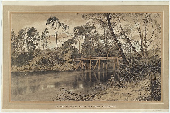 Artist: b'UNKNOWN' | Title: b'Junction of Rivers Yarra and Watts, Healesville' | Date: c.1890 | Technique: b'lithograph, printed in colour, from three stones; hand-coloured'