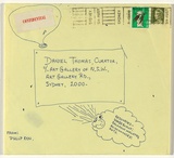 Artist: Ryan, Philip. | Title: not titled [cut-up letter of eight pieces, irregular sheets in envelope : mail art]. | Date: 1969 | Technique: offset-lithograph; blue and red ballpoint pen