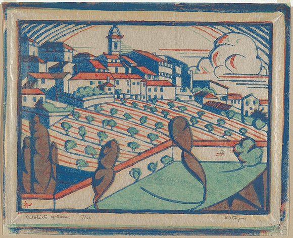 Artist: b'Syme, Eveline' | Title: b'Outskirts of Sienna.' | Date: 1930-31 | Technique: b'linocut, printed in colour, from three blocks (vermillion, cobalt green, cobalt blue)'