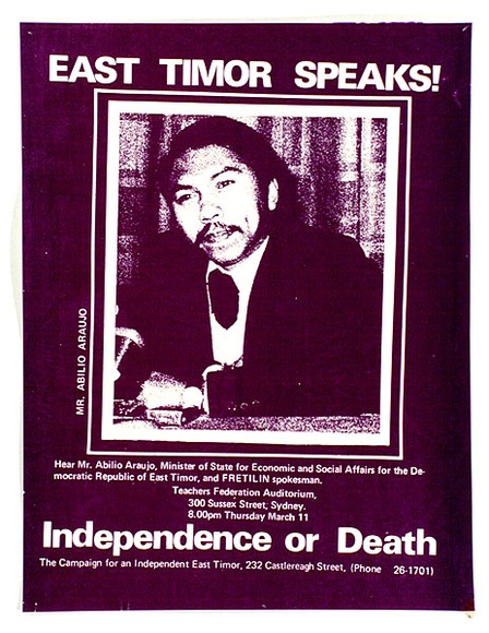 Artist: b'EARTHWORKS POSTER COLLECTIVE' | Title: b'East Timor speaks!' | Date: 1976 | Technique: b'screenprint, printed in red ink, from one stencil'