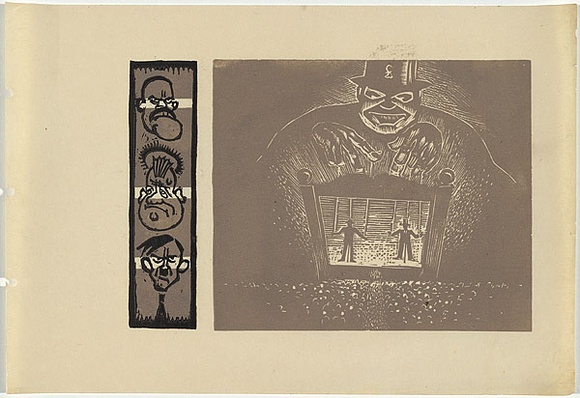 Artist: b'UNKNOWN, WORKER ARTISTS, SYDNEY, NSW' | Title: b'Not titled (puppet show).' | Date: 1933 | Technique: b'linocut, printed in colour, from two blocks (black and grey)'