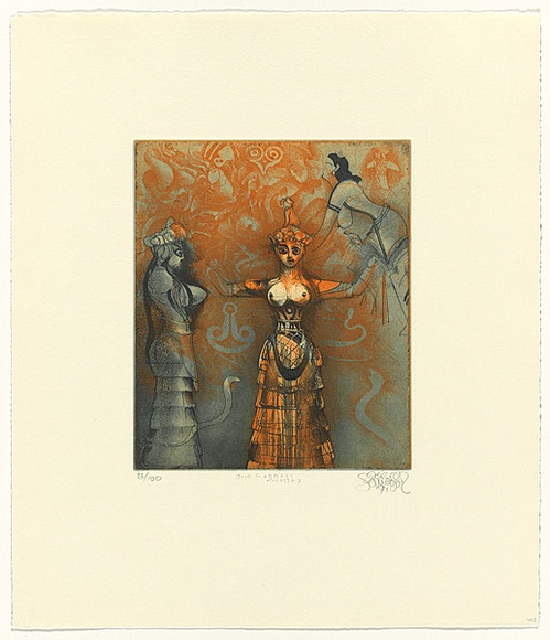 Title: b'The goddess, Knossos' | Date: 1991 | Technique: b'etching, printed in blue and orange ink, from one plate'