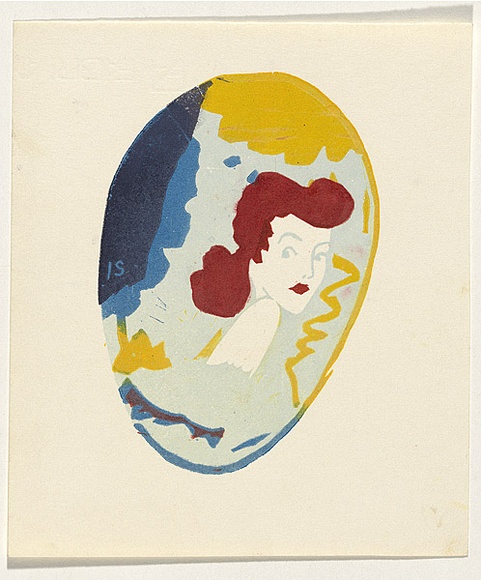 Title: b'not titled [red-head matches lady in oval]' | Date: 1979 | Technique: b'linocut, printed in colour, from five blocks'