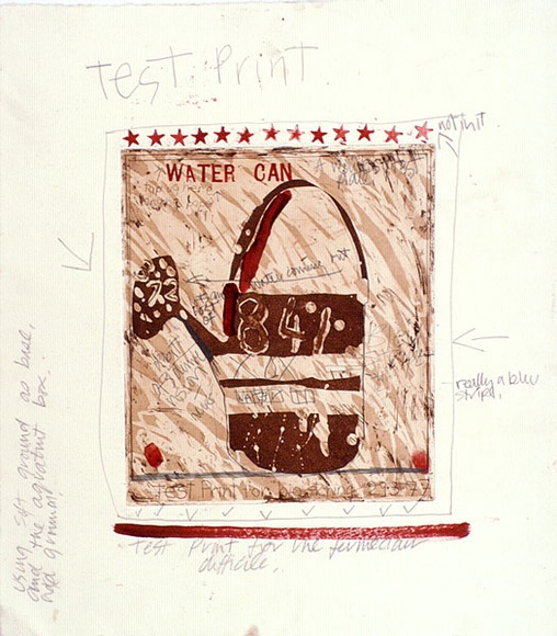 Artist: b'Moore, Mary.' | Title: b'Une Fermeture Eclair Difficile' | Date: 1977 | Technique: b'aquatint and etching printed in brown ink, from one plate, hand-coloured in red' | Copyright: b'\xc2\xa9 Mary Moore'