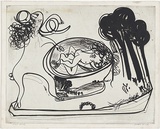 Artist: b'BOYD, Arthur' | Title: b'Potter with beast and trees.' | Date: 1960-70 | Technique: b'etching, printed in black ink, from one plate' | Copyright: b'Reproduced with permission of Bundanon Trust'