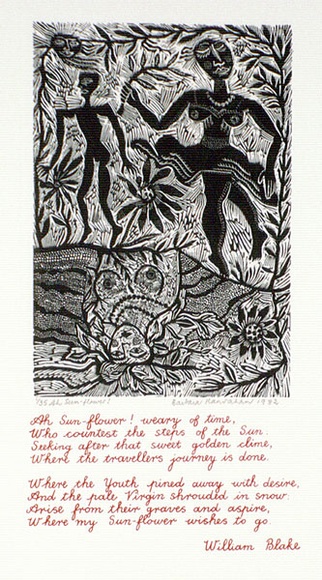Artist: b'HANRAHAN, Barbara' | Title: b'Ah Sun-flower!' | Date: 1982 | Technique: b'wood-engraving, printed in black ink, from one block; screenprint, printed in red ink, from one stencil'