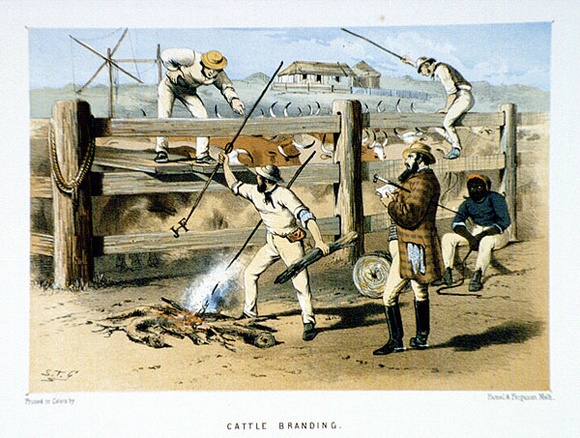 Title: b'Cattle branding' | Date: 1865 | Technique: b'lithograph, printed in colour, from multiple stones'