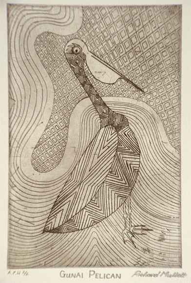 Artist: b'MULLETT, Richard' | Title: b'Gunai pelican' | Date: 1999, April | Technique: b'etching, printed in black ink, from one plate'