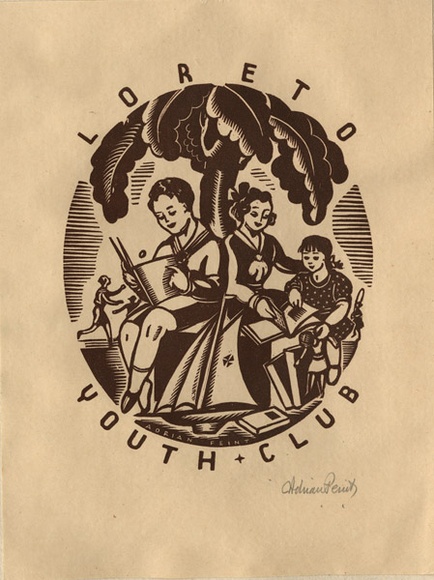 Artist: b'FEINT, Adrian' | Title: b'Bookplate: Loreto Youth Club.' | Date: (1937) | Technique: b'wood-engraving, printed in dark brown ink, from one block' | Copyright: b'Courtesy the Estate of Adrian Feint'