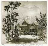 Artist: EMANUEL, Cedric | Title: Wakoni village, Goodenough Island. | Date: 1942 | Technique: etching, printed in brown ink with plate-tone, from one plate
