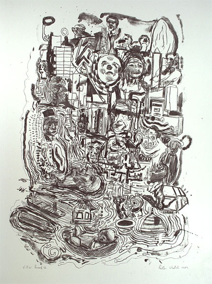 Artist: b'Walsh, Peter.' | Title: b'not titled [multiple heads in stylised city-scape]' | Date: 1987 | Technique: b'lithograph, printed in black ink, from one stone'