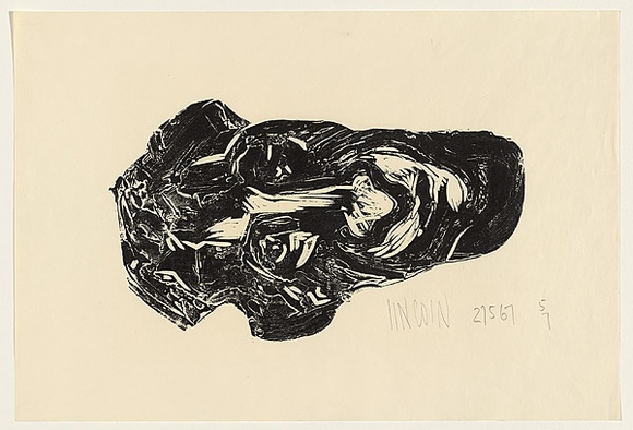 Title: b'not titled [head on its side]' | Date: 1967 | Technique: b'woodcut from masonite block and plaster'