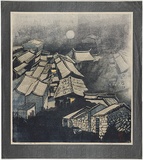 Artist: Thorpe, Lesbia. | Title: Sleeping village | Date: 1977 | Technique: woodcut, printed in colour, from four blocks