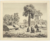 Artist: LINDSAY, Lionel | Title: Miner's camp, Cracow, Queensland | Date: 1932 | Technique: etching, printed in black ink with plate-tone, from one plate | Copyright: Courtesy of the National Library of Australia