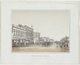 Artist: b'Cogne, Francois.' | Title: b'Swanston Street.' | Date: 1863-4 | Technique: b'lithograph, printed in colour, from two stones'