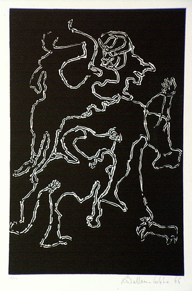 Artist: b'Wallace-Crabbe, Robin.' | Title: b'Walking the dog' | Date: 1966 | Technique: b'linocut, printed in black ink, from one block' | Copyright: b'\xc2\xa9 Robin Wallace-Crabbe, Licensed by VISCOPY, Australia'