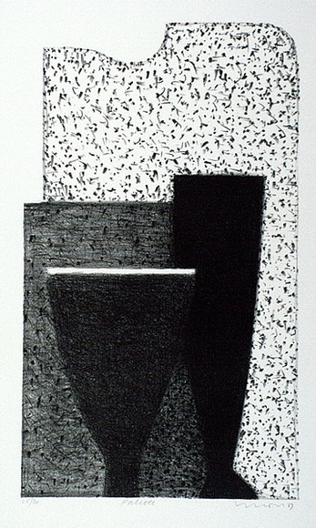 Artist: b'Lincoln, Kevin.' | Title: b'Palette' | Date: 1989 | Technique: b'lithograph, printed in black ink, from one stone [or plate]' | Copyright: b'\xc2\xa9 Kevin Lincoln. Licensed by VISCOPY, Australia'