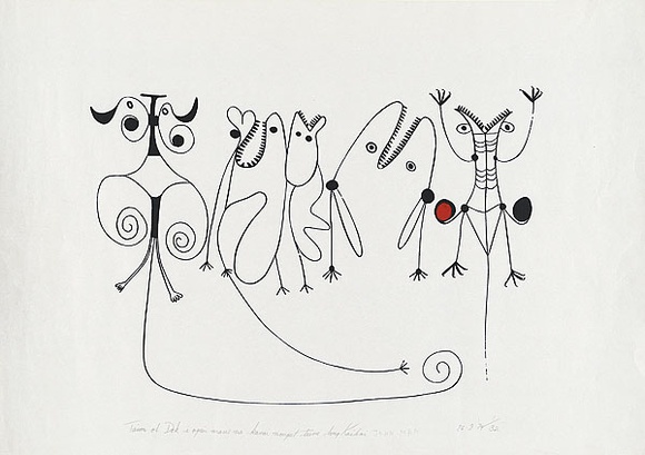 Artist: b'Man, John.' | Title: b'Taim ol dok i opim maus na karai nogut turu long kaikai  [When all the dogs opened their mouths and howled because there was nothing to eat]' | Date: 26 September 1974 | Technique: b'screenprint, printed in black ink, from one stencil; hand-coloured'