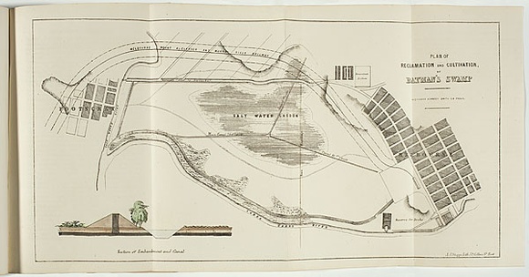 Title: bPlan of the reclamation and cultivation of Batman's swamp. | Date: 1859 | Technique: b'lithograph, printed in black ink, from one stone; hand-coloured'