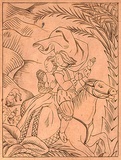 Artist: Rees, Ann Gillmore. | Title: not titled [man and women on horseback] | Date: c.1950 | Technique: engraved copper plate
