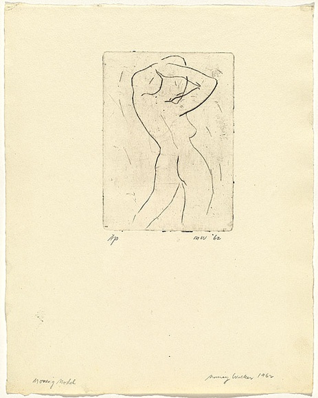 Artist: b'WALKER, Murray' | Title: b'Moving model' | Date: 1962 | Technique: b'drypoint, printed in black ink, from one plate'