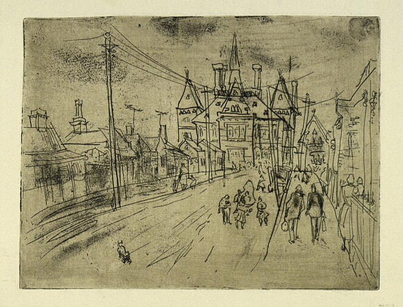 Artist: b'MACQUEEN, Mary' | Title: b'Street in Abbotsford' | Date: 1958 | Technique: b'etching and aquatint, printed in brown ink with plate-tone, from one plate' | Copyright: b'Courtesy Paulette Calhoun, for the estate of Mary Macqueen'