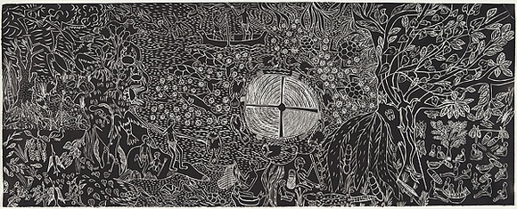 Artist: b'MUNUNGGURR, Mundul' | Title: b'Yirritja Ga Dhuwa Ngatha' | Date: 1999 | Technique: b'linocut, printed in black ink, from one block'