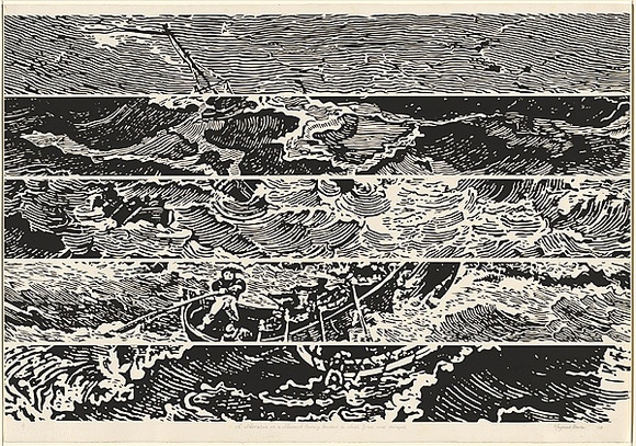 Artist: b'Carter, Ray.' | Title: b'A narrative on a 19th century incident in which Grace was delayed.' | Date: 1998 | Technique: b'linocut, printed in black ink, from one block'