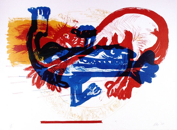 Artist: b'Petty, Bruce.' | Title: b'not titled [blue and red figures colliding]' | Date: 1970 | Technique: b'lithograph, printed in colour, from multiple plates'