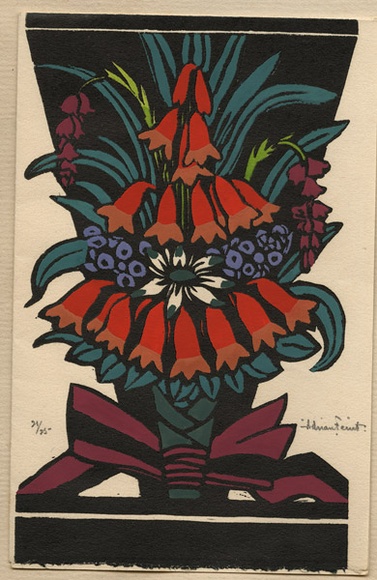 Artist: b'FEINT, Adrian' | Title: b'Greeting card: Mr & Mrs F P Clune.' | Date: 1932 | Technique: b'wood-engraving, printed in black ink, from one block; hand-coloured' | Copyright: b'Courtesy the Estate of Adrian Feint'