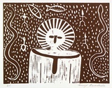 Artist: KARADADA, Tommy | Title: (Wandjina) | Date: 1986 | Technique: linocut, printed in brown ink, from one block