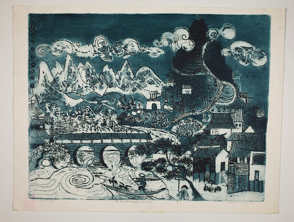 Artist: b'Haxton, Elaine' | Title: b'The flower bridge Kwei-Lin' | Date: 1968 | Technique: b'open-bite etching and aquatint, printed in blue ink'
