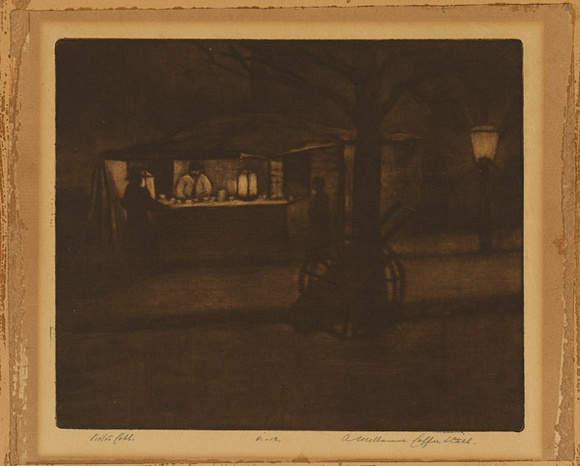 Artist: b'Cobb, Victor.' | Title: b'A Melbourne coffee stall.' | Date: c.1914 | Technique: b'mezzotint, printed in brown ink, from one plate'