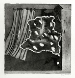 Artist: b'BALDESSIN, George' | Title: b'not titled [irregular shape through parted curtains].' | Date: 1972 | Technique: b'etching and aquatint, printed in black ink, from one shaped and perforated plate'