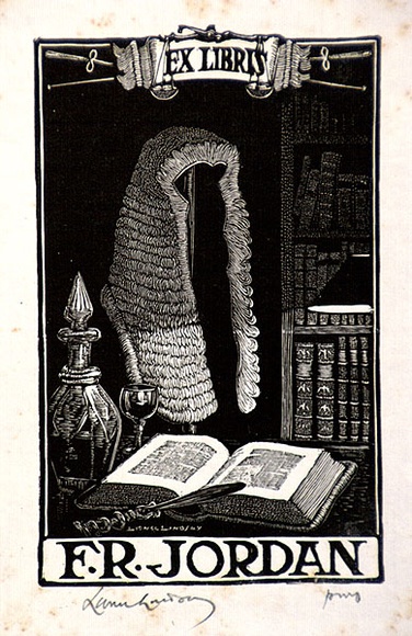 Artist: b'LINDSAY, Lionel' | Title: b'Book plate: F.R. Jordan' | Date: 1940 | Technique: b'wood-engraving, printed in black ink, from one block' | Copyright: b'Courtesy of the National Library of Australia'