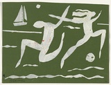 Artist: b'Blackman, Charles.' | Title: b'not titled [dancing figures and boat].' | Date: c.1952 | Technique: b'stencil, printed in white ink, from one handcut paper stencil'