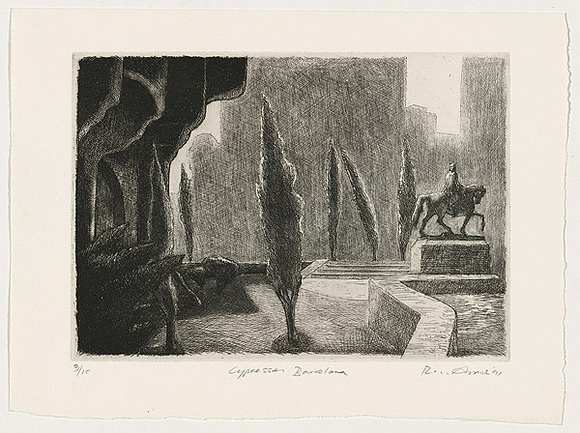 Artist: b'AMOR, Rick' | Title: b'Cypresses Barcelona.' | Date: 1991 | Technique: b'etching, printed in black ink, from one plate'