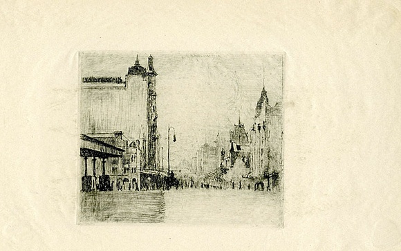 Artist: SHIRLOW, John | Title: Swanston Street, the City Gateway. | Date: c.1930 | Technique: etching, printed in brown ink, from one copper plate