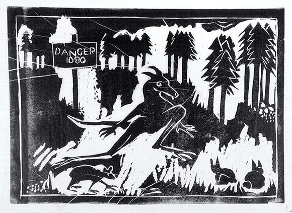 Artist: b'Stevenson, Elizabeth.' | Title: b'not titled [Kangaroo and small animals in pine forest]. [Poster for Environment Protest Street Exhibition and Street Theatre,' | Date: (1976) | Technique: b'linocut, printed in black ink, from one block'