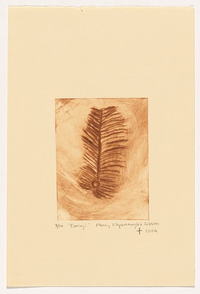 Artist: b'Napanangka Gibson, Nancy.' | Title: b'Yirrinji' | Date: 2004 | Technique: b'drypoint etching, printed in brown ink, from one perspex plate'