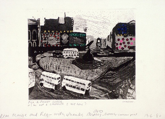 Artist: b'Moore, Mary.' | Title: b'Pick-A-Pocket, Circus, London' | Date: 1980 | Technique: b'etching and aquatint printed in black ink, from one plate with coloured glitter' | Copyright: b'\xc2\xa9 Mary Moore'