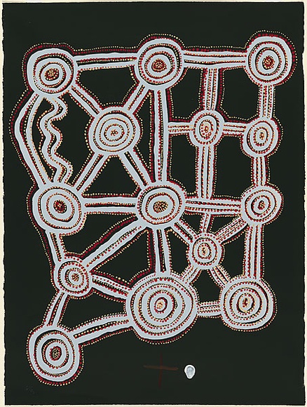 Artist: b'Tjungurrayi, Charlie Tararu.' | Title: b'Bandicoot ancestors fighting over fire at Taltaltanya.' | Date: 1981 | Technique: b'screenprint, printed in colour, from multiple stencils' | Copyright: b'\xc2\xa9 Charlie Tjungarrayi, Licensed by VISCOPY, Australia'