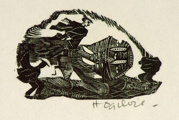 Artist: b'OGILVIE, Helen' | Title: b'(Imaginery machine and three men in academic gowns)' | Date: (1953) | Technique: b'wood-engraving, printed in black ink, from one block'